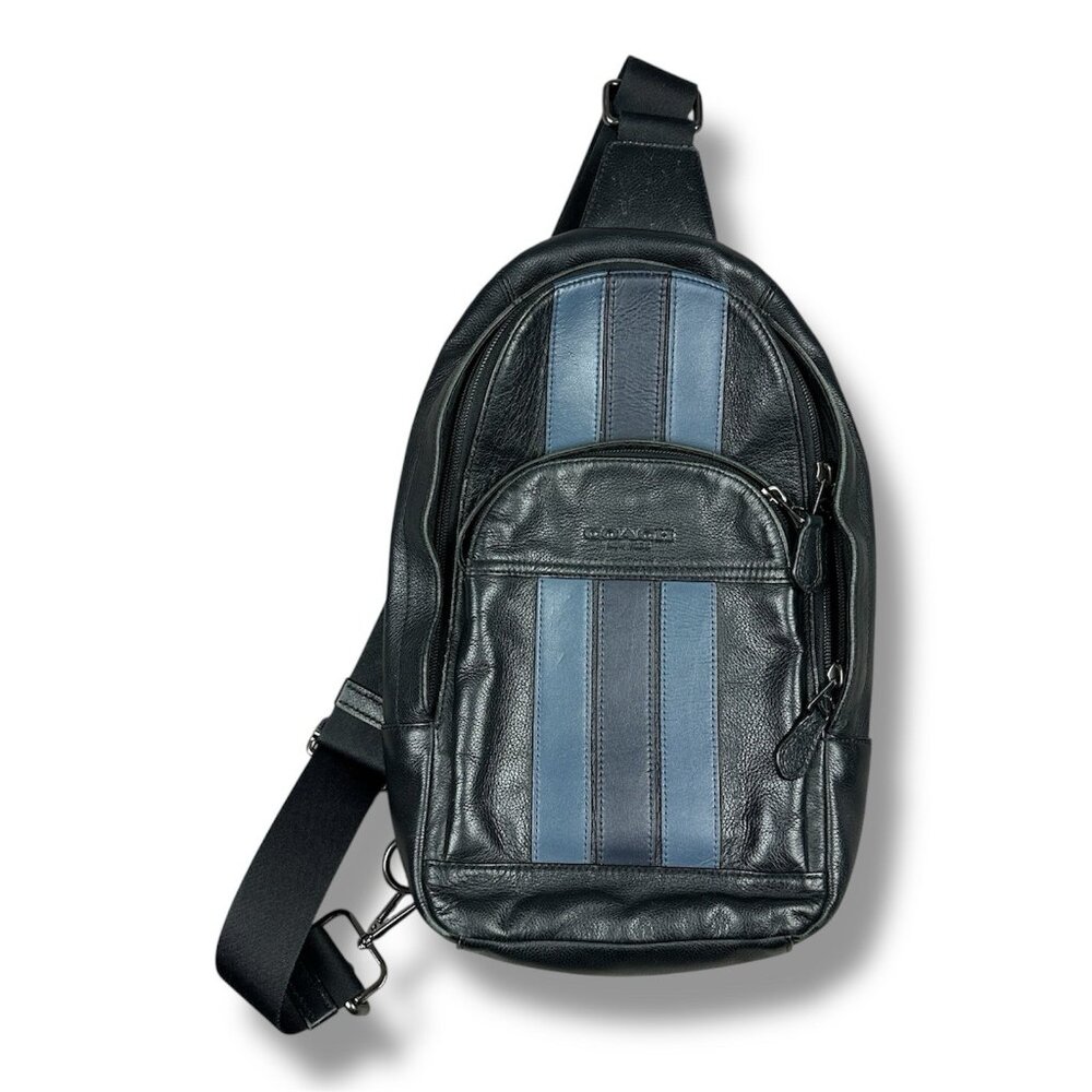 Coach F49318 Houston Pack With Varsity Stripe Black Denim Midnight Navy Sling